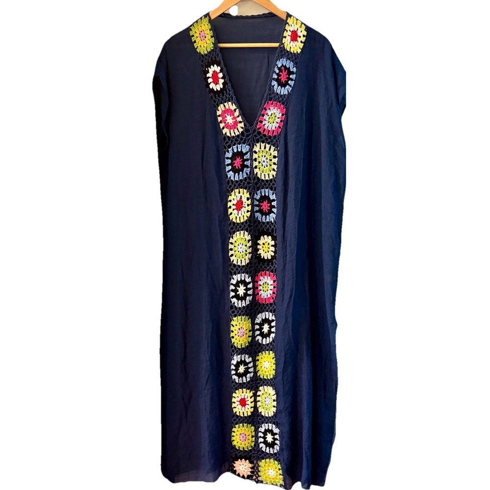 Boho Blue Maxi Coverup dress OS Crocheted  Squares Front Sheer Light